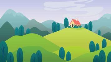 paisaje con una casa en una colina de estilo plano. vector