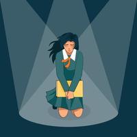 Teenage girl dressed in blue school uniform with orange tie and white collar, holding a yellow book, kneeled, loose dark hair, crying. In spotlight, center of attention, bullied at school. vector