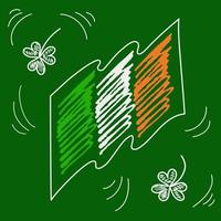 Flag of Ireland and shamrocks in form of chalk or pencil scribble, child doodle. Sketchy national symbol on green for designs, prints vector