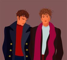 dos jóvenes en ropa de abrigo. ilustración vectorial sobre fondo rosa oscuro. dos modelos masculinos con cabello rizado, abrigos y suéteres. vector