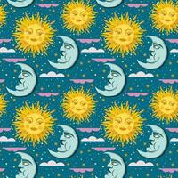 Vector seamless pattern with sun and crescent moon with faces among stars and clouds.