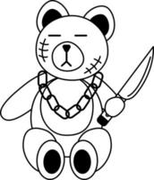 Tattoo bear with knife in the style of the 90s, 2000s. Black and white single object illustration. vector
