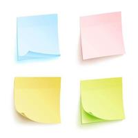 Paper Work Notes Isolated Vector Set. Sticky Note Paper For Noticeboard With Curled Corners Illustration. Colored Sticker Bank With Curl Corner