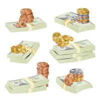vector de pilas de dólares. monedas de oro y billetes de dinero. símbolo de efectivo ilustración aislada de la cuenta de dinero.