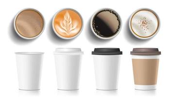 Coffee Cups Top View Vector. Plastic, Paper White Empty Fast Food Take Out Coffee Menu Mugs. Various Ocher Paper Cups. Breakfast Beverage. Realistic Isolated Illustration vector