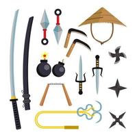 Ninja Weapons Set Vector. Assassin Accessories. Star, Sword, Sai, Nunchaku. Throwing Knives, Katana, Shuriken. Isolated Flat Cartoon Illustration vector