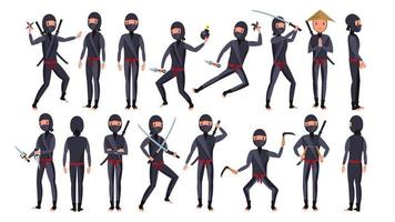 Ninja Character Vector. Cartoon Funny Warriors. Different Poses. Isolated On White Background Flat Cartoon Illustration vector