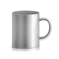 taza de metal, vector de taza. Cromo metálico realista en 3d, copa plateada aislada en fondo blanco. taza clásica con ilustración de asa. para la marca comercial