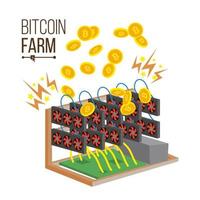 vector de granja bitcoin. granja minera de criptomonedas. tarjeta de video. minería de monedas de oro virtuales. concepto de moneda digital. servicio de intercambio almacenamiento de datos. ilustración de dibujos animados plana aislada