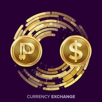 Digital Currency Money Exchange Vector. Peercoin, Dollar. Fintech Blockchain. Gold Coins With Digital Stream. Cryptography. Conversion Commercial Operation. Business Investment. Financial Illustration vector