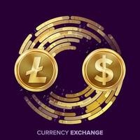 Digital Currency Money Exchange Vector. Litecoin, Dollar. Fintech Blockchain. Gold Coins With Digital Stream. Cryptography. Conversion Commercial Operation. Business Investment. Financial Illustration vector