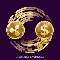 Digital Currency Money Exchange Vector. Ripple Coin, Dollar. Fintech Blockchain. Gold Coins With Digital Stream. Cryptography. Conversion Operation. Business Investment. Financial Illustration vector