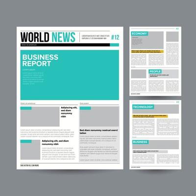 Newspaper Design Template Vector. Modern Newspaper Layout Template. Financial Articles, Business Information. World News Economy Headlines. Blank Spaces For Images. Isolated Illustration