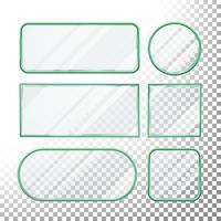 Transparent Glass Buttons Vector. Glass Plates Elements. Set Square, Round, Rectangular Shape. Realistic Plates. Plastic Banners With Reflection. Isolated On Transparency Background Illustration vector