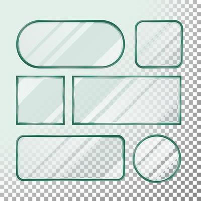 Transparent Glass Button Vector. Set Square, Round, Rectangular Shape. Realistic Plates. Isolated On Transparency Background Illustration