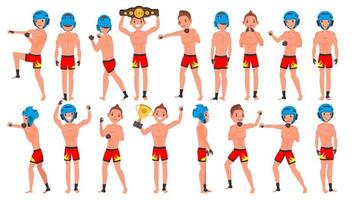 vector masculino de jugador mma. posturas de muay thai. entrenamiento de deportistas musculosos. ilustración de personaje de dibujos animados plano aislado