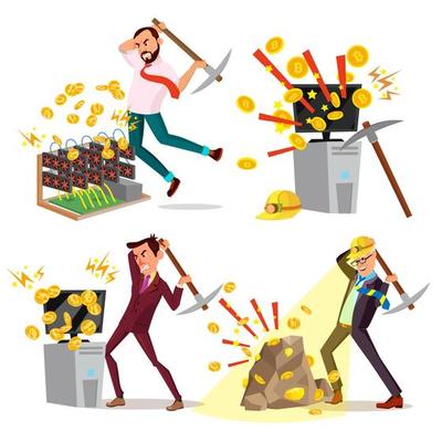 Mining Farm Set Vector. Businessman Miner. Virtual Currency. World Transfer. Datacenter Device. Server Room. Farming Coins. Technology Online. Isolated Flat Cartoon Illustration