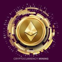 vector de criptomoneda ethereum minero. moneda de oro, flujo digital. dinero futurista. cadena de bloques fintech. procesamiento de operaciones de arreglos de datos binarios. criptografía, ilustración de tecnología financiera