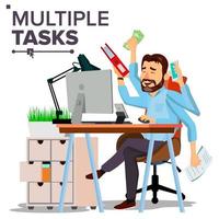 Multiple Tasks Businessman Vector. Many Hands. Efficiency And Productivity. Plodding Worker. Flat Cartoon Illustration vector