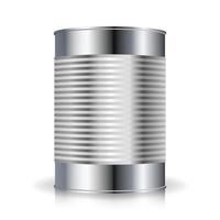 vector de latas metálicas. comida tincan lata de metal acanalado, comida enlatada. en blanco para su diseño. plantilla de embalaje de producto vacío realista con sombra y reflejo