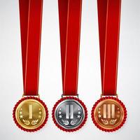 Gold, Silver, Bronze Place Badge, Medal Set Vector. Realistic Achievement With First, Second, Third Placement. Round Championship Label, Red Rosette. Winner Honor Prize. Sport Game Challenge Award vector