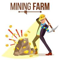 Mining Farm Vector. Businessman Miner. Digital Coin. Component Data. Pay Transaction. Isolated Flat Cartoon Illustration vector