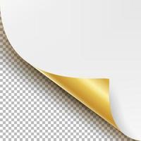 Curled Golden Metalic Corner Vector. White Paper with Shadow Mock up Close up Isolated on Transparent Background vector