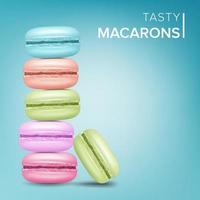 Colourful Macarons Vector. Tasty Sweet French Macaroons On Blue Background Illustration. vector