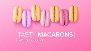 Macarons Set Vector. Top View. Colourful Sweet French Macaroons On Pink Background Illustration. vector