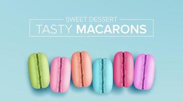Colourful Macarons Vector. Top View. Tasty Sweet French Macaroons On Blue Background Illustration. vector