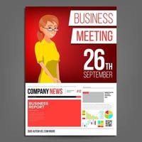 Business Meeting Poster Vector. Business Woman. Invitation And Date. Conference Template. A4 Size. Red, Yellow Cover Annual Report. Conference Room. Professional Training. Illustration vector