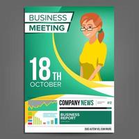 Business Meeting Poster Vector. Business Woman. Invitation For Conference, Forum, Brainstorming. Green, Yellow Cover Annual Report. Marketing, Sales E-commerce. Strategic Planning. Illustration vector