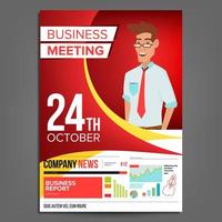 Business Meeting Poster Vector. Businessman. Invitation For Conference, Forum, Brainstorming. Red, Yellow Cover Annual Report. A4 Size. Lecture Motivation For Business Audience. Illustration vector