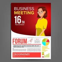 Business Meeting Poster Vector. Business Woman. Layout. Presentation Concept. Red, Yellow Corporate Banner Template. A4 Size. Conference Hall. Illustration vector