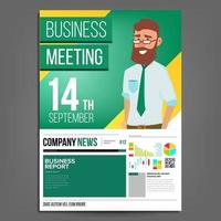 Business Meeting Poster Vector. Businessman. Layout Template. Presentation Concept. Green, Yellow Corporate Banner. A4 Size. Analyzing Sales Statistics. Financial Results Presentation. Illustration vector