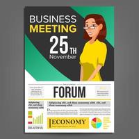 Business Meeting Poster Vector. Business Woman. Invitation And Date. Conference Template. A4 Size. Green, Yellow Cover Annual Report. Teamwork Cooperation. Illustration vector