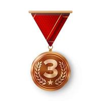 Bronze Medal Vector. Metal Realistic Third Placement Achievement. Round Medal With Red Ribbon, Relief Detail Of Laurel Wreath And Star. Competition Game Bronze Achievement. Winner Trophy Award vector