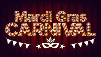 Mardi Gras Carnival Banner Vector. Carnival Vintage Golden Illuminated Neon Light. For Greeting Card, Party Invitation Design. Classic Illustration vector