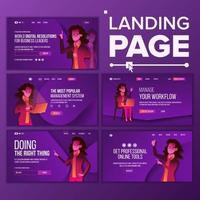 Landing Page Set Vector. Woman. Workflow Management. Business Coworking. Office Investment Webpage. Developer Interface. Main Website Page Design. Consumerism Template Illustration vector