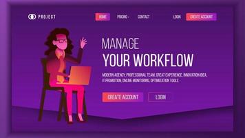 Workflow Business Landing Page Vector. Brainstorming Business Coworking. Workflow Management. Woman. Template Illustration vector