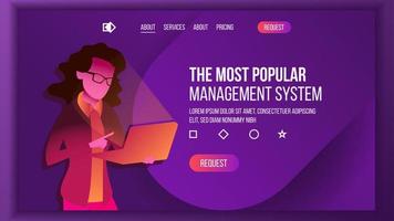 Management System Landing Page Vector. Store. Woma With Laptop. Business Processes. Main Website Page Design. Consumerism Template Illustration vector