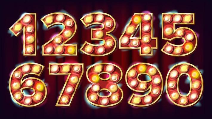 1, 2, 3 ,4 ,5 ,6 ,7 ,8 ,9 ,0 Numbers Set Vector. Font Marquee Light Sign. Realistic Retro Shine Lamp Bulb. 3D Electric Glowing Digit. Vintage Illuminated Light. Casino Style. Alphabet Illustration