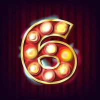 6 Number Vector. Six Font Marquee Light Sign. Realistic Retro Shine Lamp Bulb. 3D Electric Glowing Digit. Vintage Golden Illuminated Light. Carnival, Circus, Casino, Slot Style. Alphabet Illustration vector