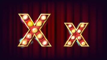 X Letter Vector. Capital, Lowercase. Font Marquee Light Sign. Retro Shine Lamp Bulb Alphabet. 3D Electric Glowing Digit. Vintage Gold Illuminated Light. Carnival, Circus, Casino Style. Illustration vector