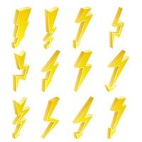 3D Lightning Icons Vector Set. Cartoon Yellow Lightning Isolated Illustration. Danger, Energy Icon. Lightning Bolt.