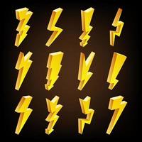 Lightning Sign Vector Set. Cartoon Golden 3D Lightning Isolated Illustration. Flash Of lightning. Thunder Bolt Symbols.