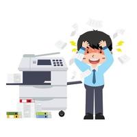 Confused business worker broke copy print Office multifunction machine vector