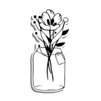 Black line doodle Flowers in Jar on white silhouette and gray shadow. Hand drawn cartoon style. Vector illustration for decorate and any design.