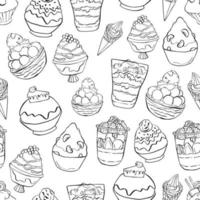 línea negra bingsu y patrón sin costuras de helado. diseño para papel, cubiertas, tarjetas, telas, fondo y cualquier. ilustración vectorial sobre postres dulces. vector