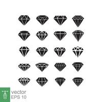 Diamond icon set. Simple flat style. Abstract black diamond collection, jewel, crystal, shiny stone, jewellery concept. Vector illustration design isolated on white background. EPS 10.